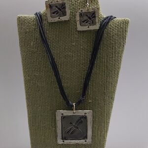 Silver Dragonfly Pendant Necklace and Earrings Set - Black Cord